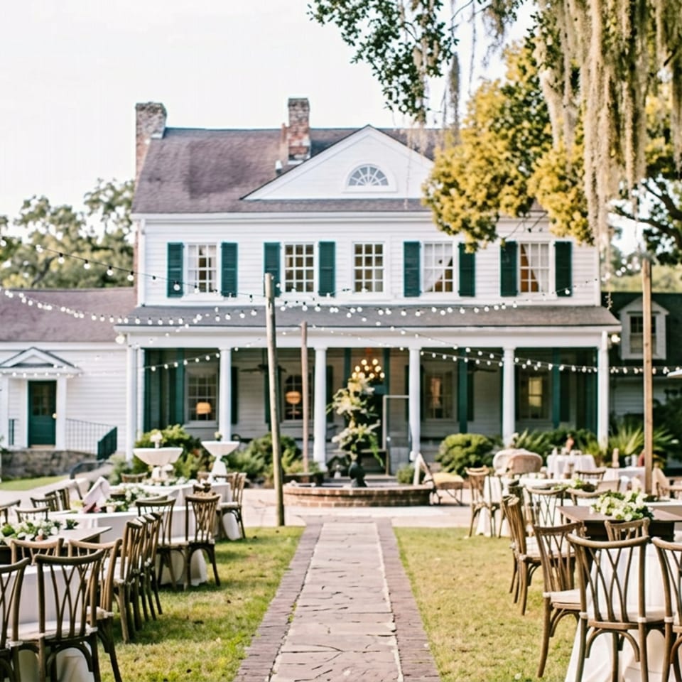 Elegant outdoor dining setup with white-clothed tables, string lights, umbrellas, and chairs outside a historic Southern-style house.