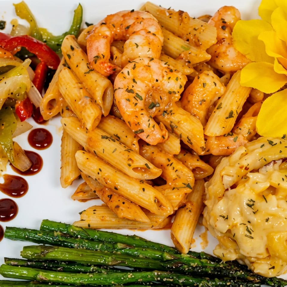 Plated shrimp penne with cheesy macaroni, sautéed peppers and onions, asparagus, sauce garnish, and a yellow flower.