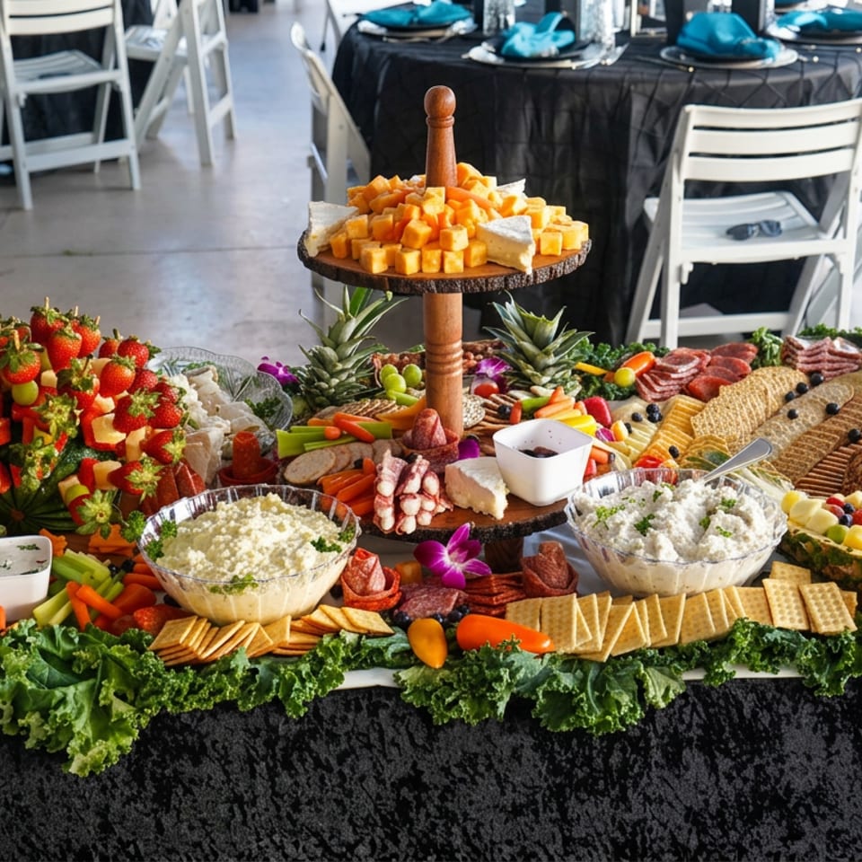Abundant catered buffet featuring fruit, cheeses, meats, crackers, dips, vegetables, and desserts at a decorated event table.