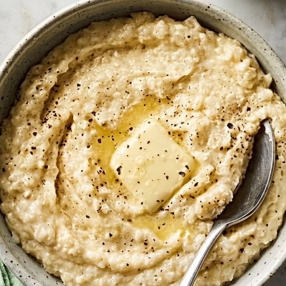 Creamy mashed potatoes topped with melting butter and black pepper in a speckled bowl beside a green towel.