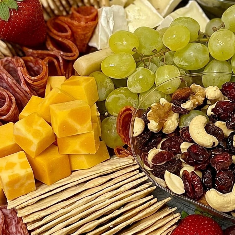 Charcuterie spread with sliced salami, cheddar cubes, crackers, grapes, strawberries, brie, dried cranberries, and assorted nuts.