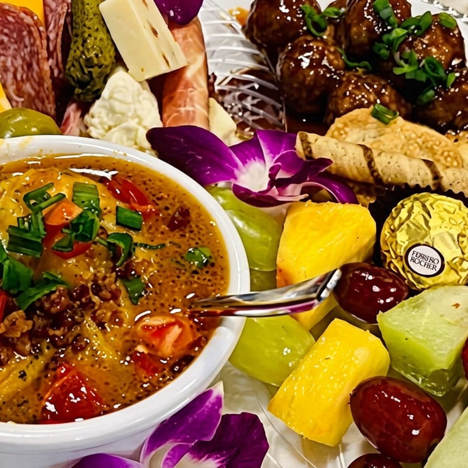 Charcuterie platter with creamy dip, meats, cheeses, glazed meatballs, crackers, fruit, and purple orchid garnish.