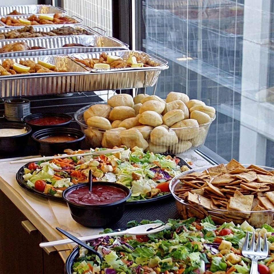 Catered buffet spread featuring foil trays of fried foods, salad, dipping sauces, bread rolls, and tortilla chips beside large windows.