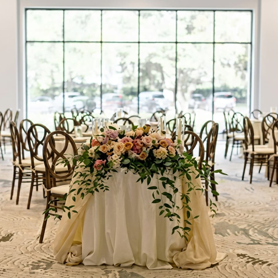 Elegant restaurant banquet hall with round tables, curved-back chairs, and a floral centerpiece on a draped table.