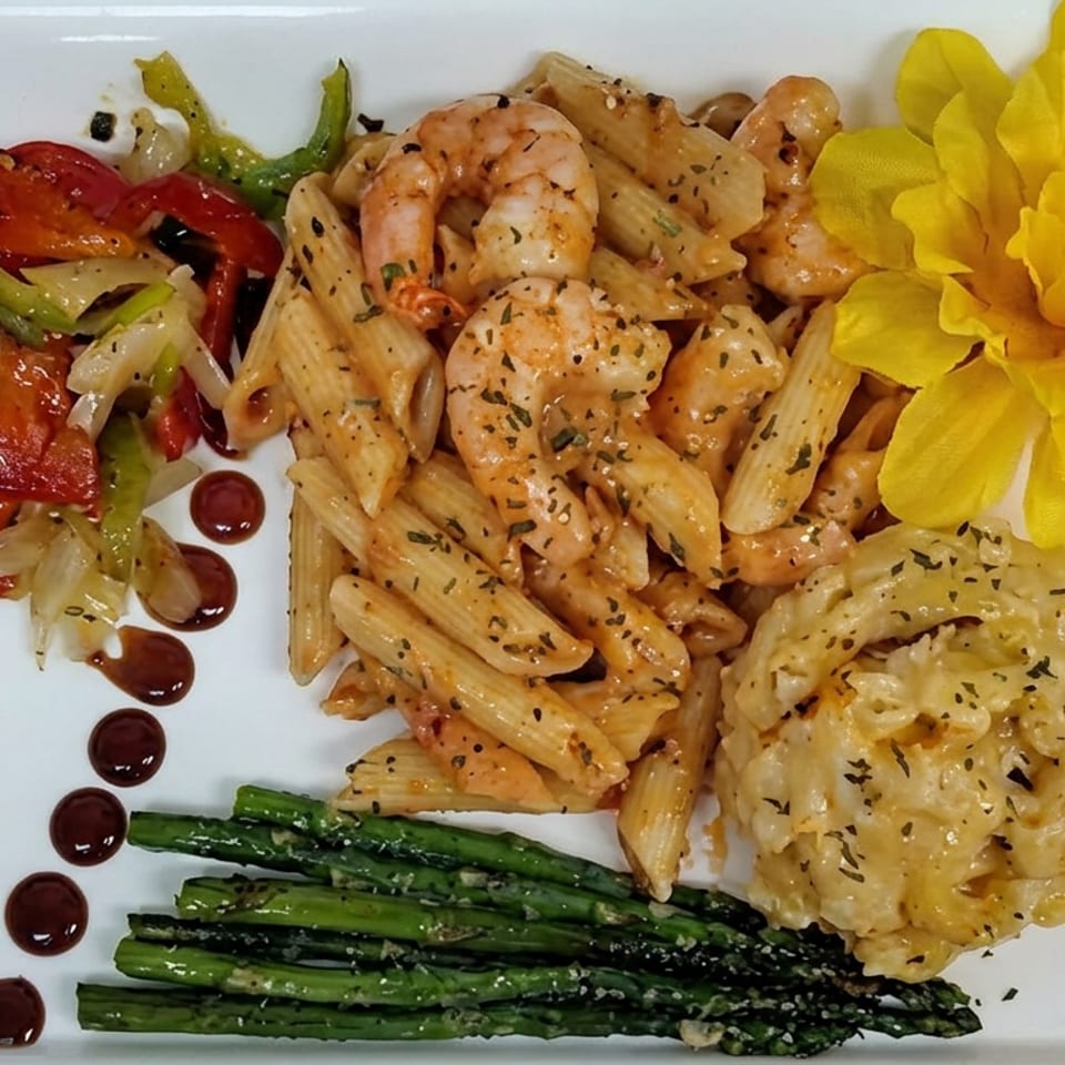 Plated shrimp pasta with sautéed peppers, asparagus, baked macaroni and cheese, sauce dots, and a yellow flower garnish.