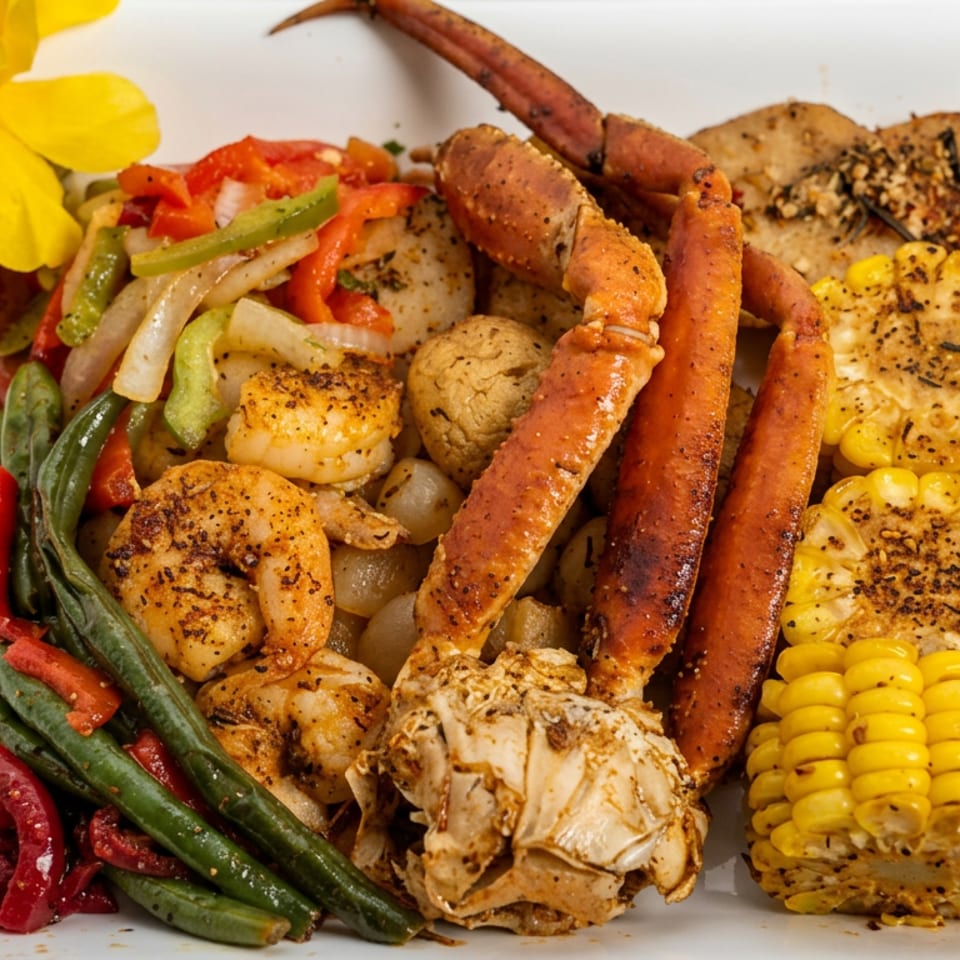 Seasoned seafood platter with crab legs, shrimp, vegetables, corn, potatoes, and garlic on a white plate.