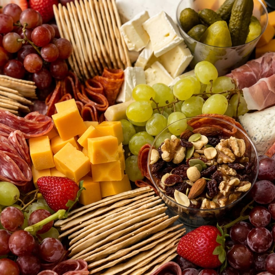 Charcuterie platter arranged with cheeses, cured meats, crackers, grapes, strawberries, pickles, and mixed nuts.