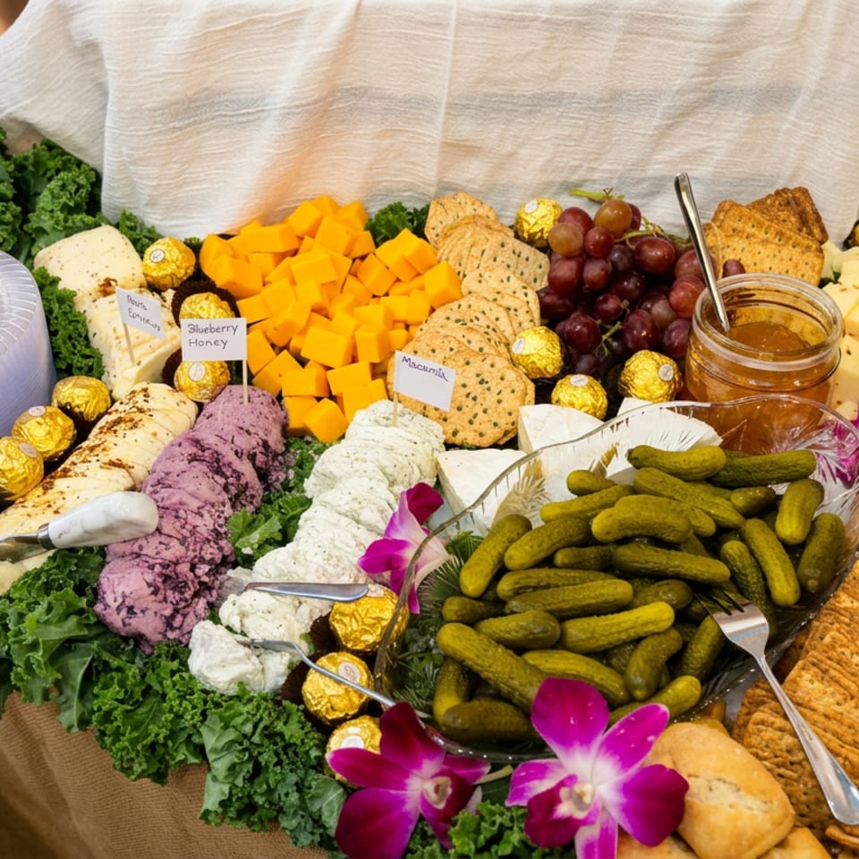 Lavish charcuterie buffet featuring cheeses, crackers, grapes, pickles, sliced meats, honey, and chocolate-covered treats.