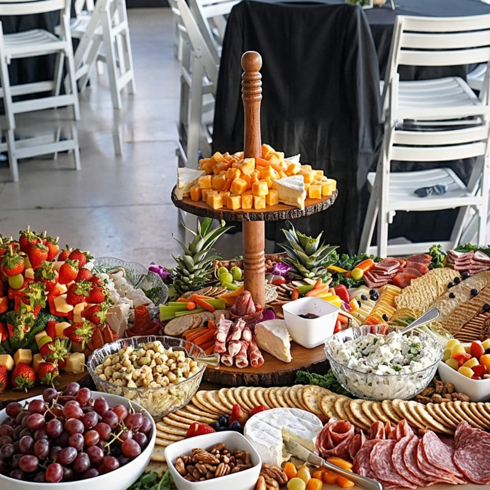 Elaborate buffet table featuring fruit, cheeses, crackers, cured meats, dips, and desserts in a bright event space.