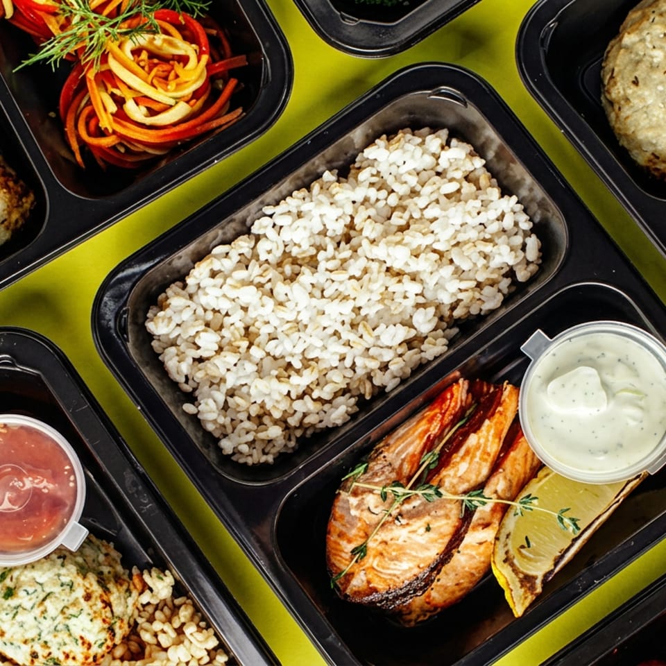 Overhead view of assorted meal trays featuring rice, meat patties, spiral vegetables, grilled fish, sauces, and fresh herbs.