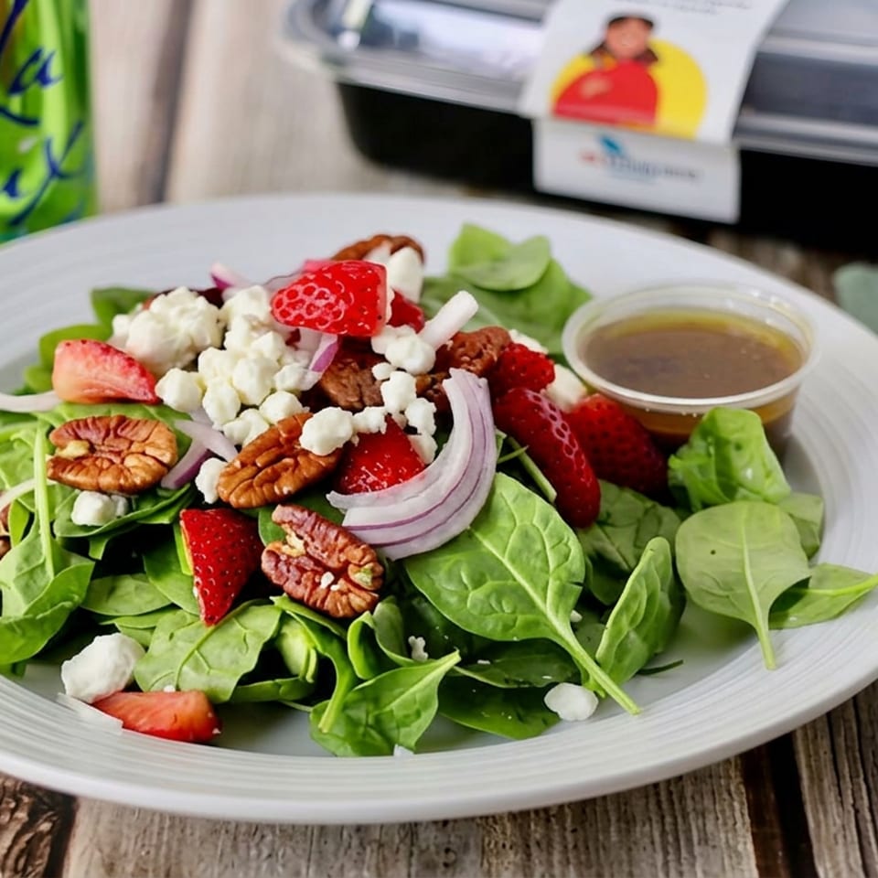 Spinach salad topped with strawberries, pecans, feta cheese, red onion, and dressing on a plate beside a soda.