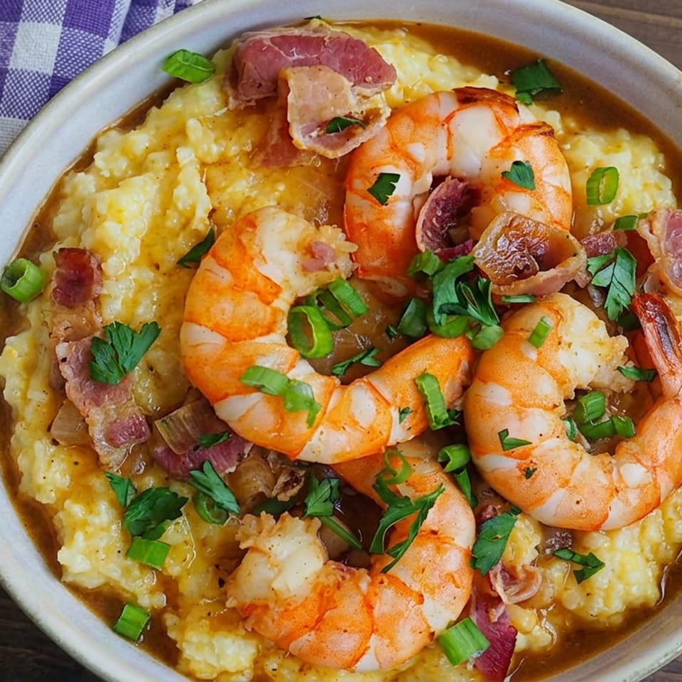 Bowl of creamy grits topped with shrimp, bacon, gravy, green onions, and parsley on a wooden table.