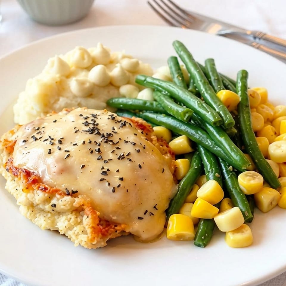 Breaded chicken topped with creamy gravy, served with mashed potatoes, green beans, and corn on a white plate.