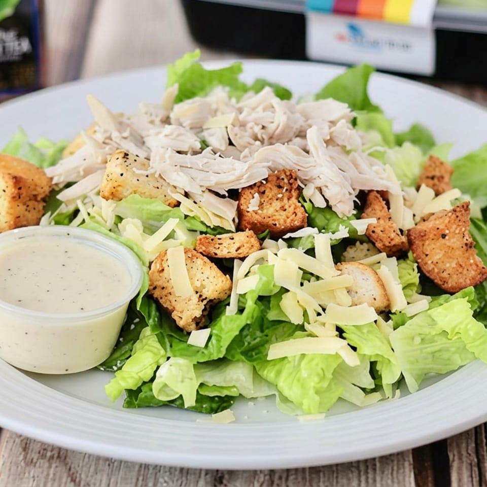 Grilled chicken salad with lettuce, shredded cheese, seasoned croutons, and creamy dressing on a white plate.