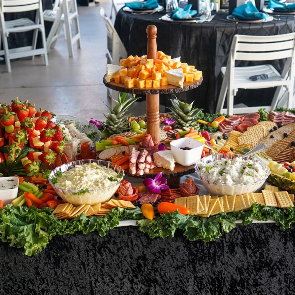 Abundant catered charcuterie and crudité spread with cheeses, crackers, fruit, dips, and a strawberry centerpiece on a banquet table.