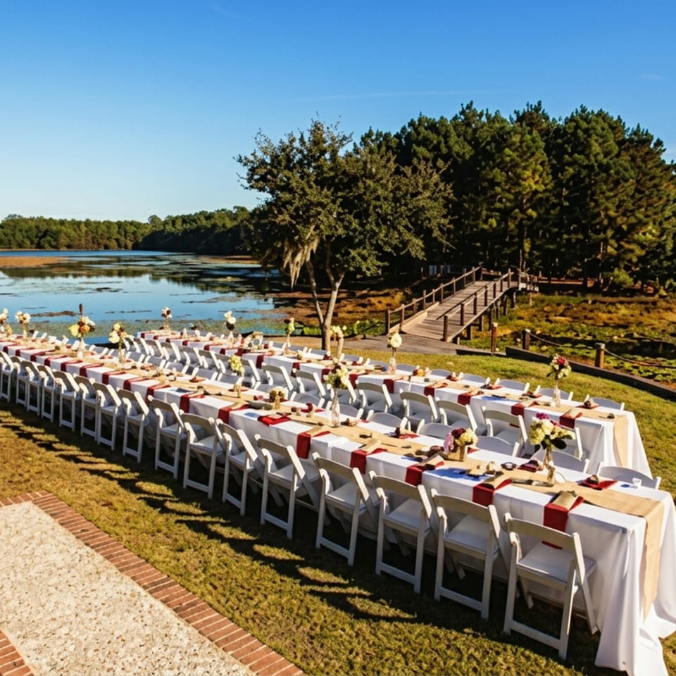 Outdoor wedding reception with long white-clothed tables, floral centerpieces, and white chairs beside a serene lake and wooded shoreline.