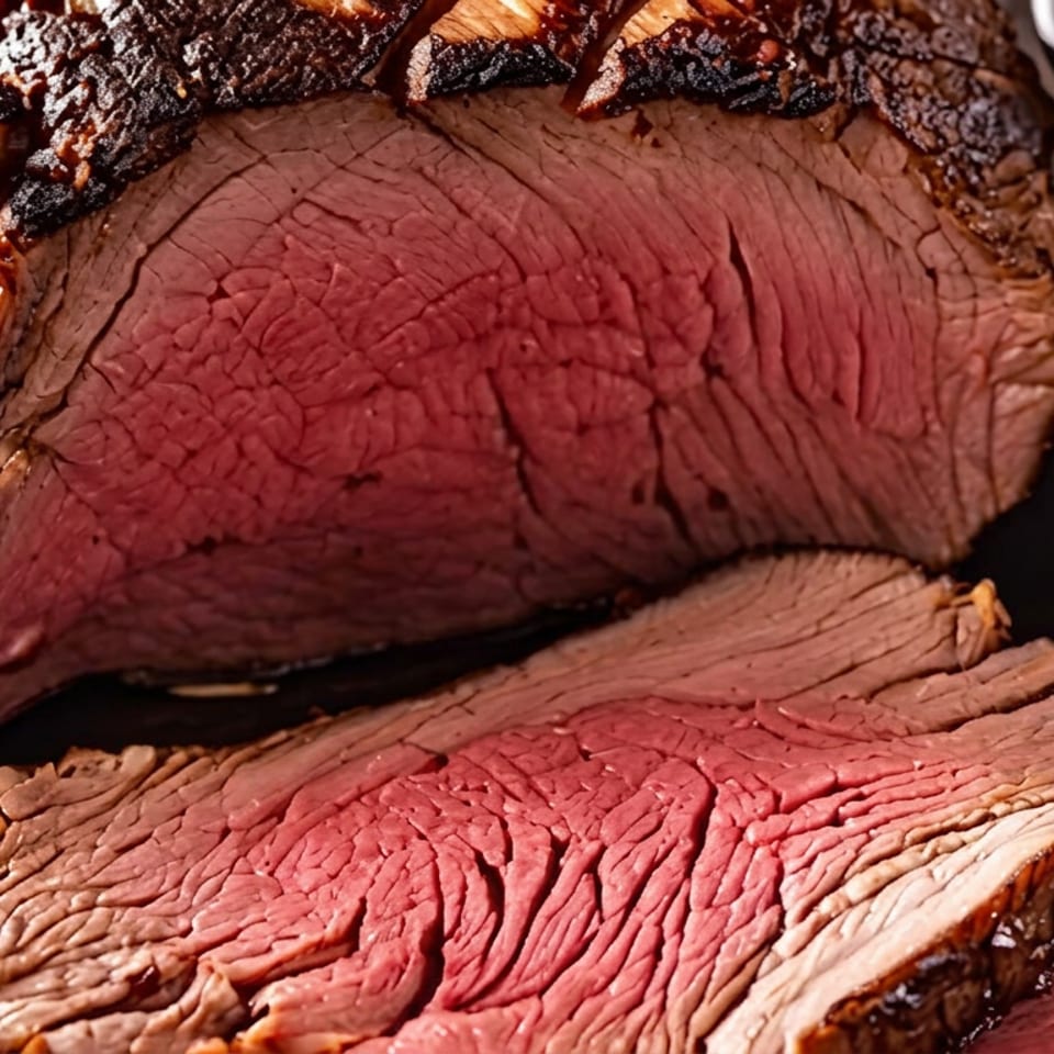 Sliced medium-rare roast beef with a seared crust, dipping sauces, herbs, and lime on a dark platter.